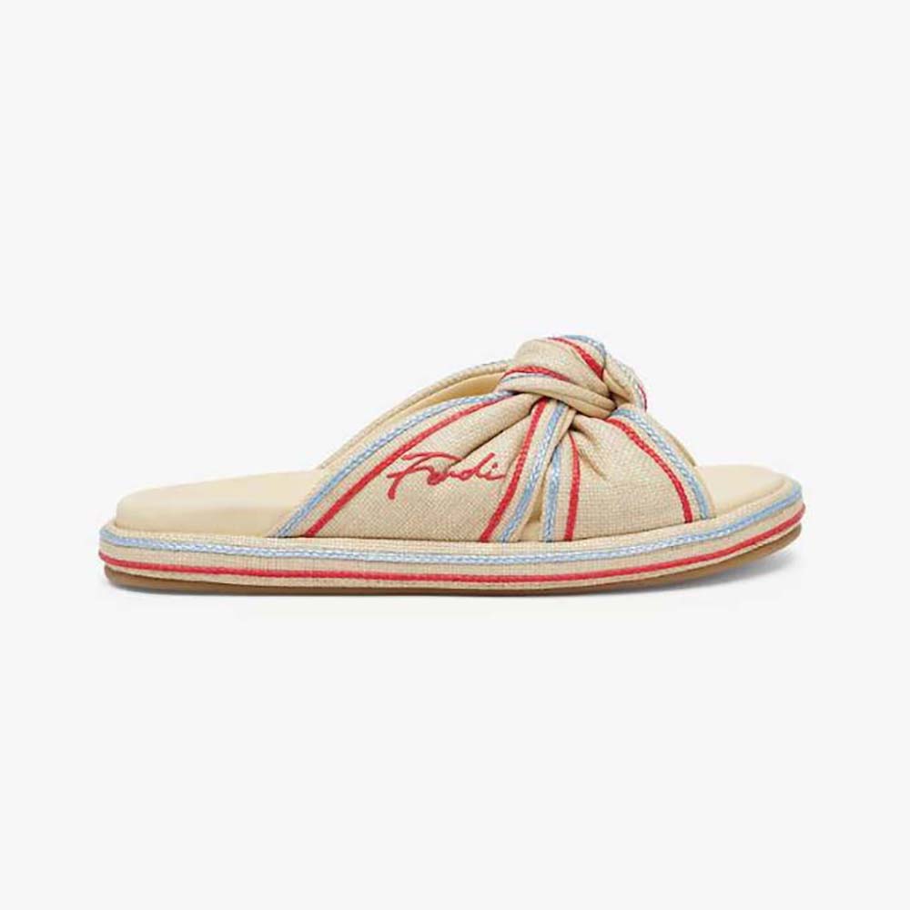Side view of Fendi Women Feel Pale Yellow Raffia Slides showing textured weave