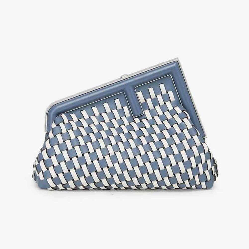 Front view of Fendi Women First Small White and Blue Woven Leather Bag