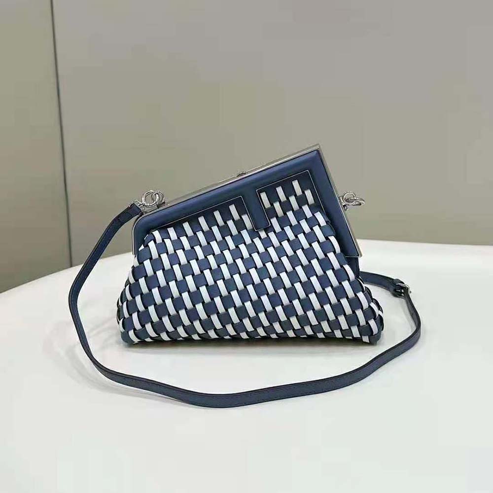 Close-up of woven leather and silver hardware on Fendi Women First Bag