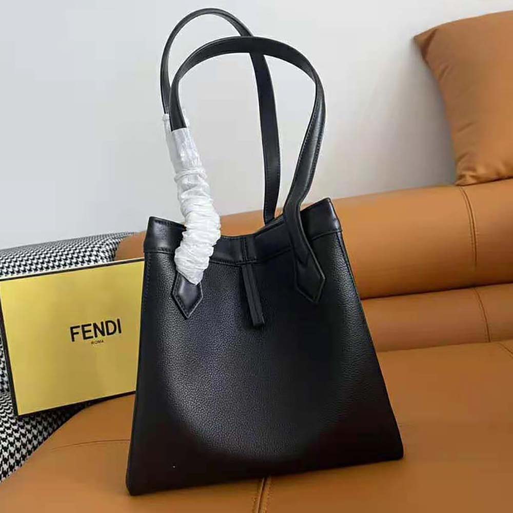 Side view showing transformable shape of Fendi Women Origami Medium Black Leather Bag