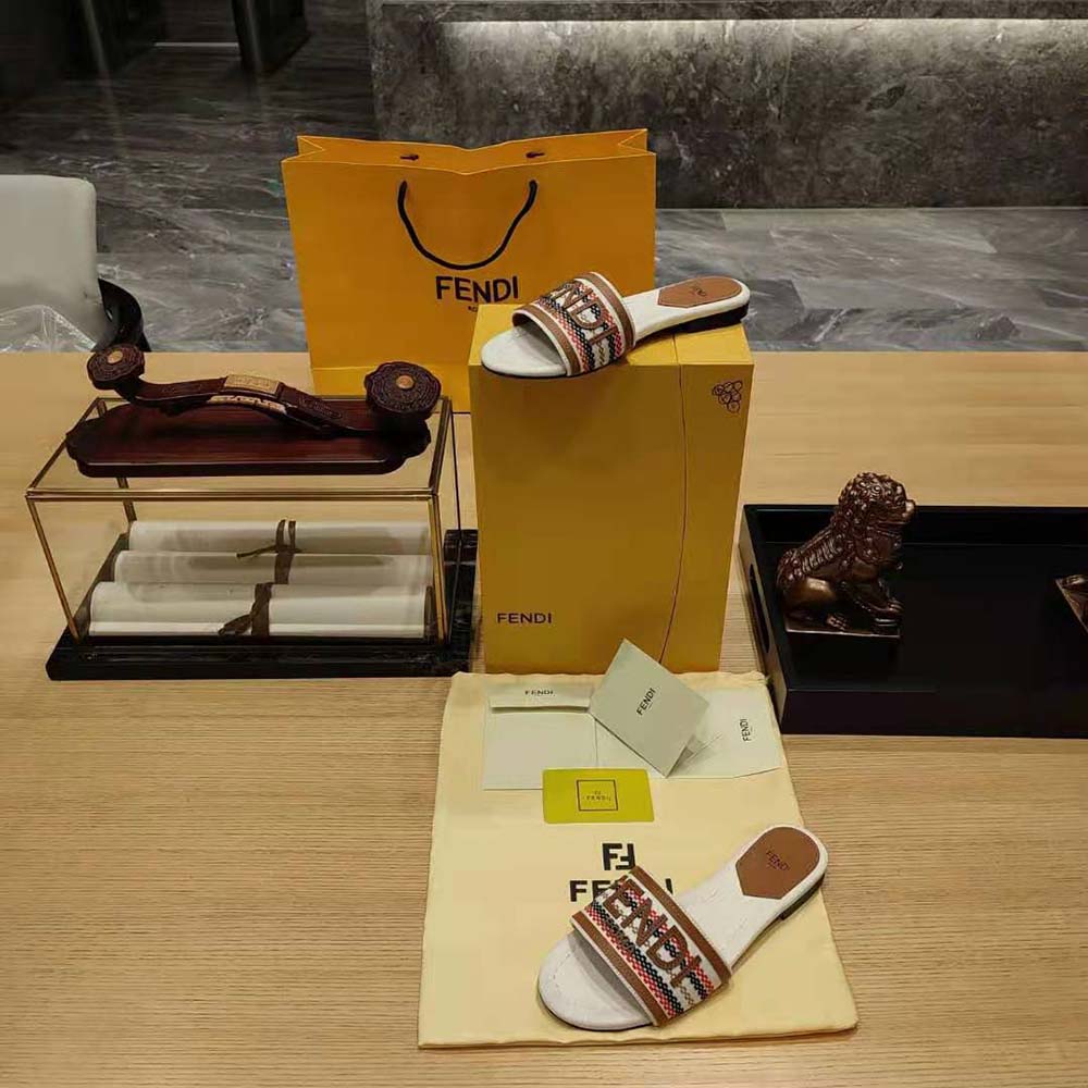 Fendi Women Signature Beige Canvas Slides - image 9