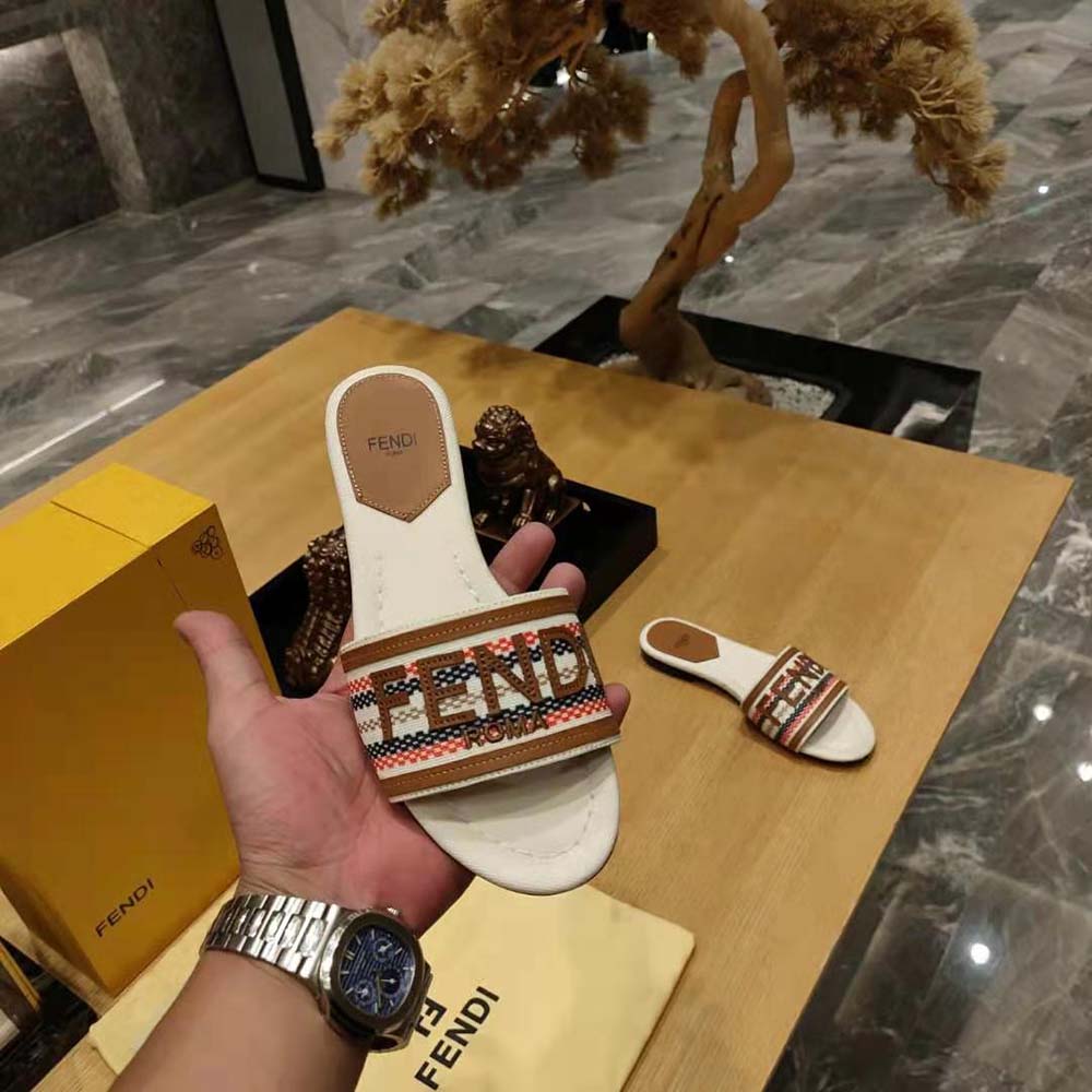 Fendi Women Signature Beige Canvas Slides - image 8