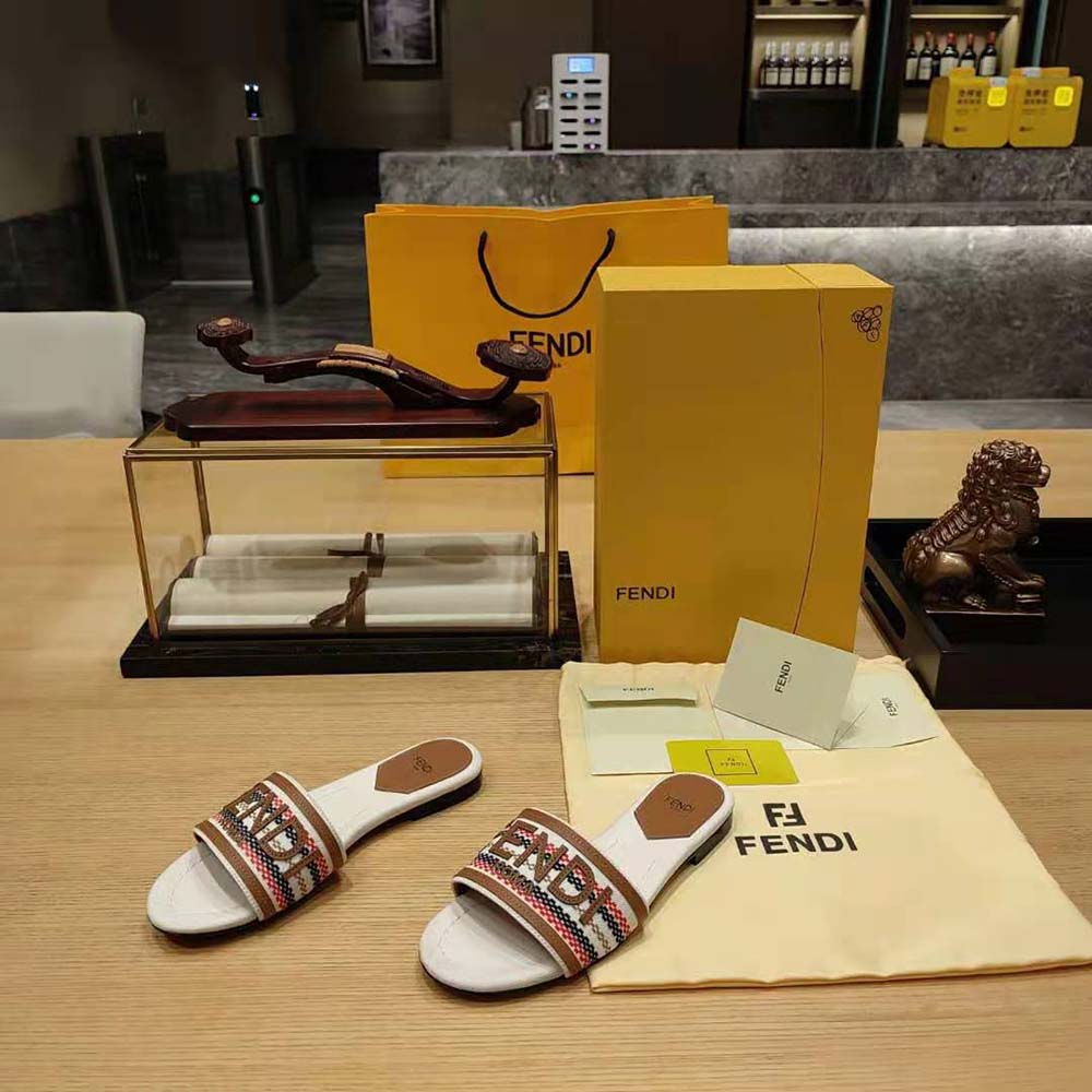 Fendi Women Signature Beige Canvas Slides - image 5