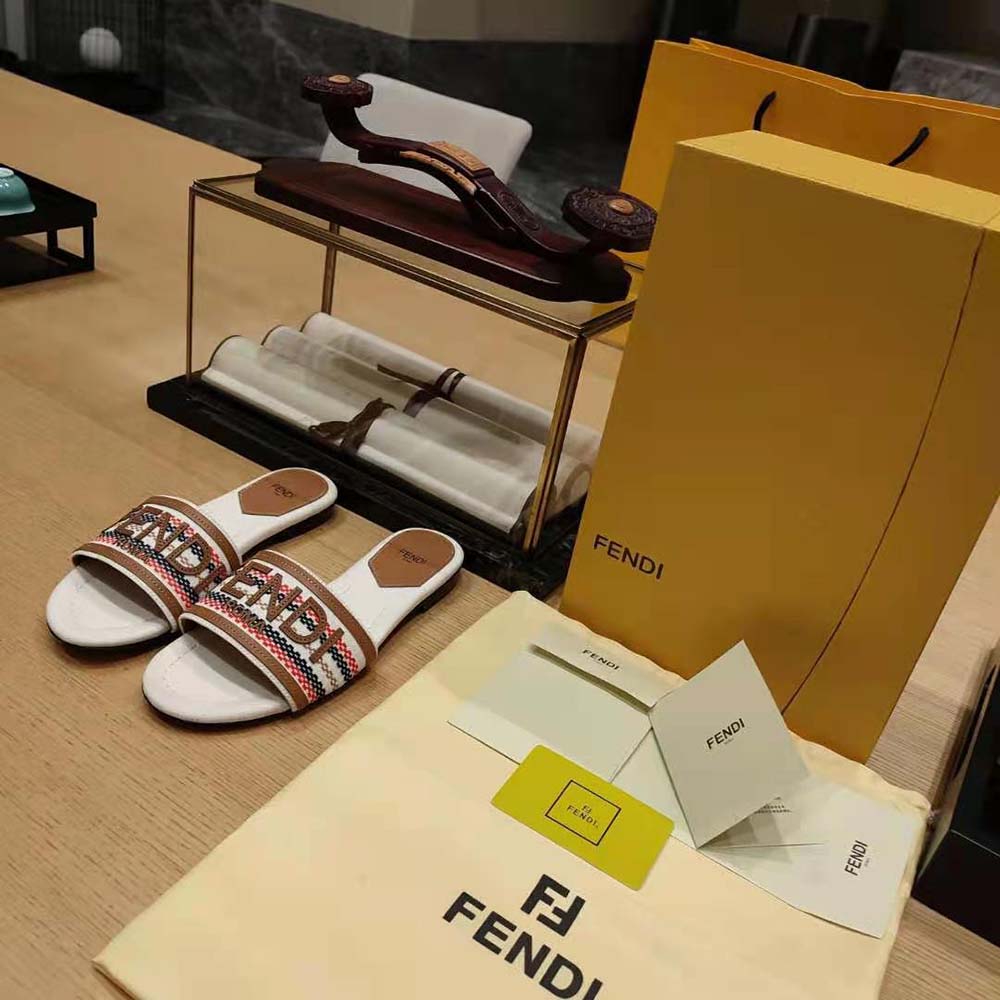 Fendi Women Signature Beige Canvas Slides - image 4