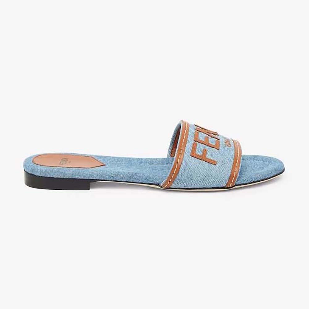 Side view of Fendi Women Signature Light Blue Denim Slides showing denim texture