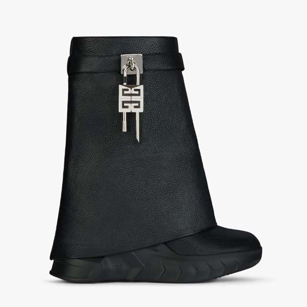 Side profile of Givenchy Women Shark Lock Biker Ankle Boots in black leather