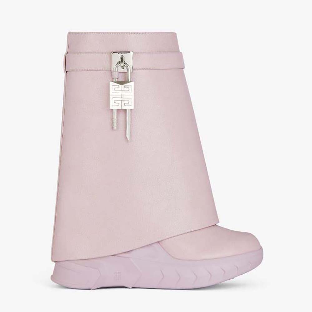 Side view of Givenchy Women Shark Lock Biker Ankle Boots in Pink leather