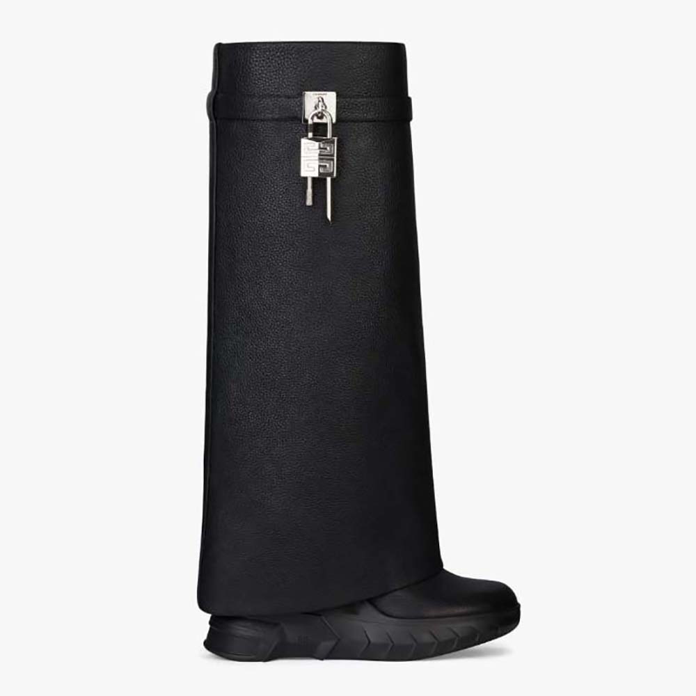 Side profile of Givenchy Women Shark Lock Biker Boots in black leather