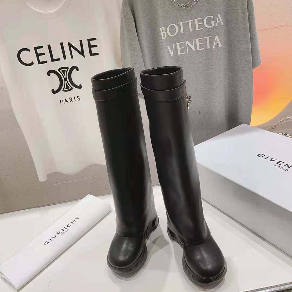 Front angle showing grained leather texture of Givenchy Women Shark Lock boots