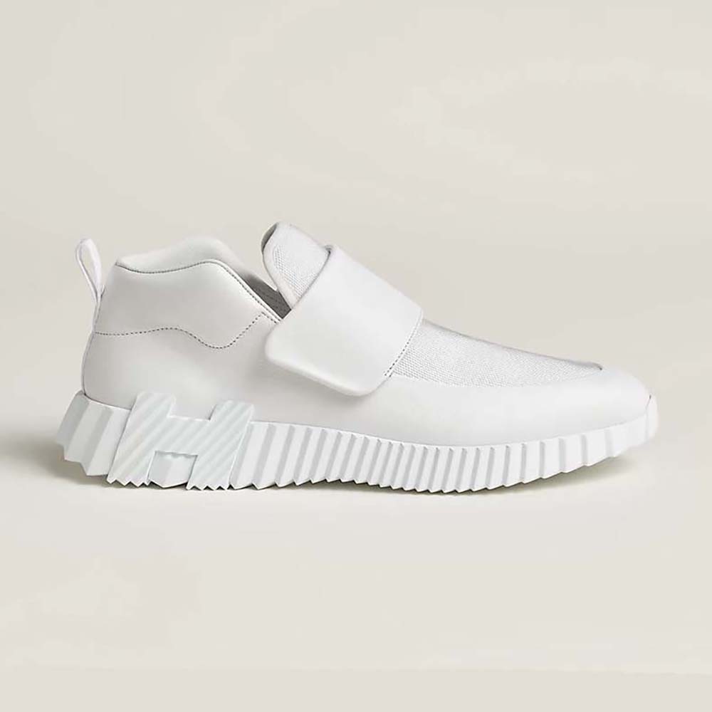 Side view of Hermes Men H Sneaker in Stretch Canvas and Calfskin-White
