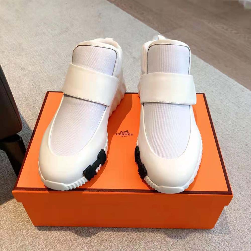 Hermes Men H Sneaker in Stretch Canvas and Calfskin-White - image 4