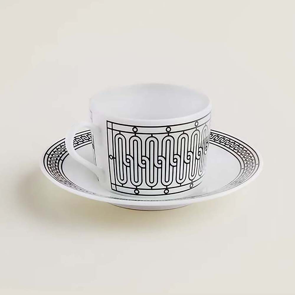 Front view of Hermes Unisex H Deco Tea Cup and Saucer in black
