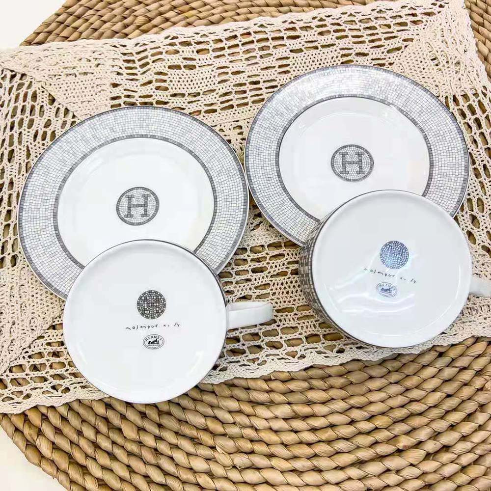 Overhead shot showing black porcelain and signature Hermes pattern details