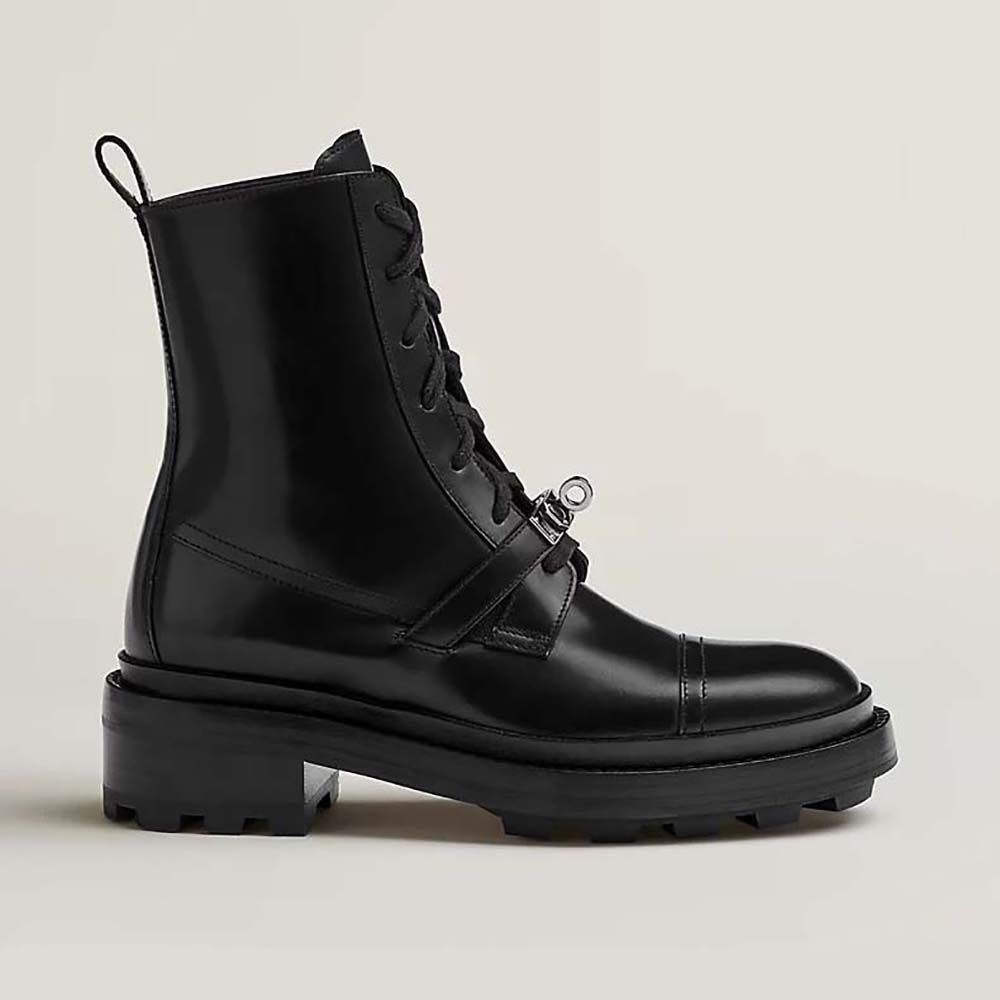 Side view of Hermes Women Funk Ankle Boot in Glazed Calfskin-Black