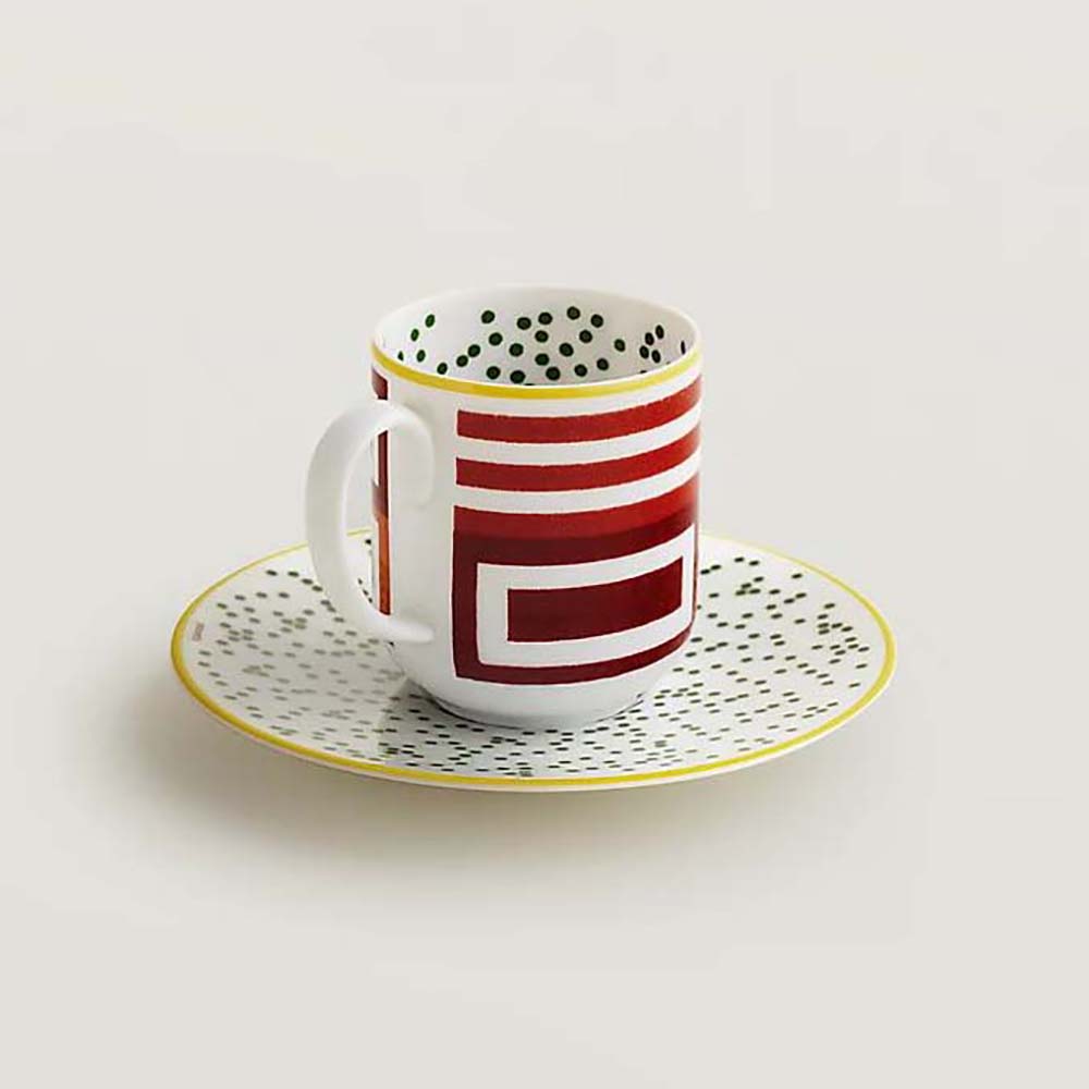 Front view of Hermes Unisex Hippomobile Coffee Cup and Saucer n°1 in red porcelain