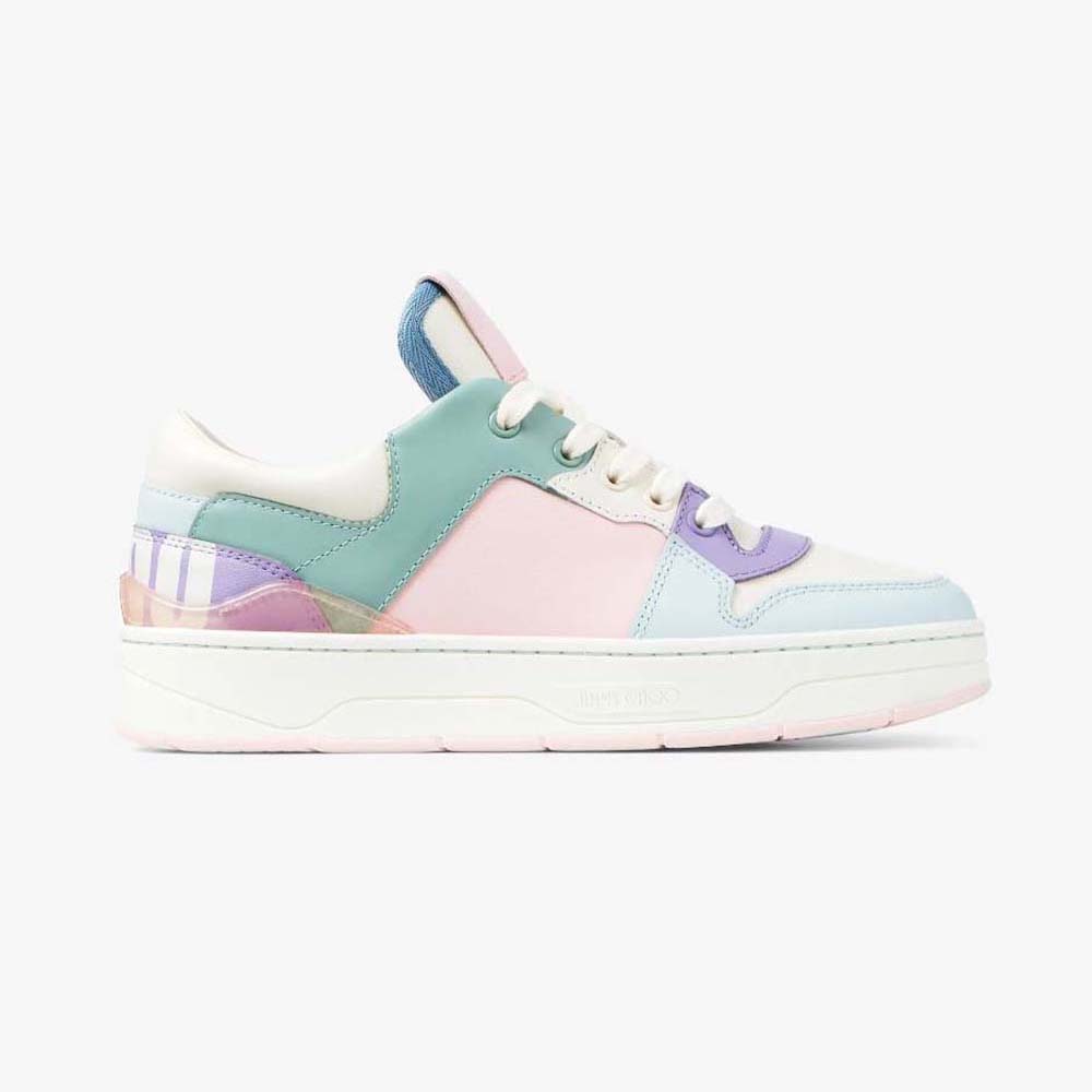 Side view of Jimmy Choo Women Florent/F Powder Pink and Pastel Mix Leather Trainers