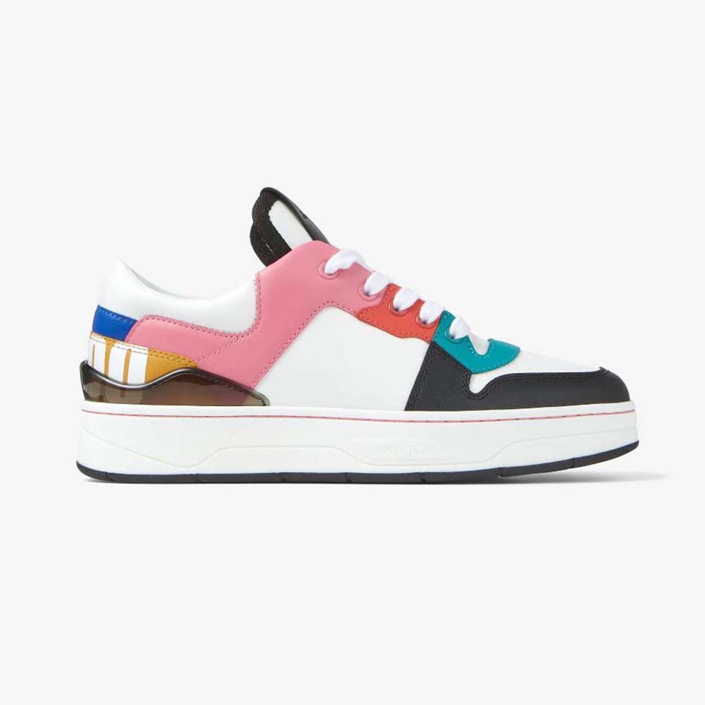 Side view of Jimmy Choo Women Florent/F White Leather Trainers in pink and white