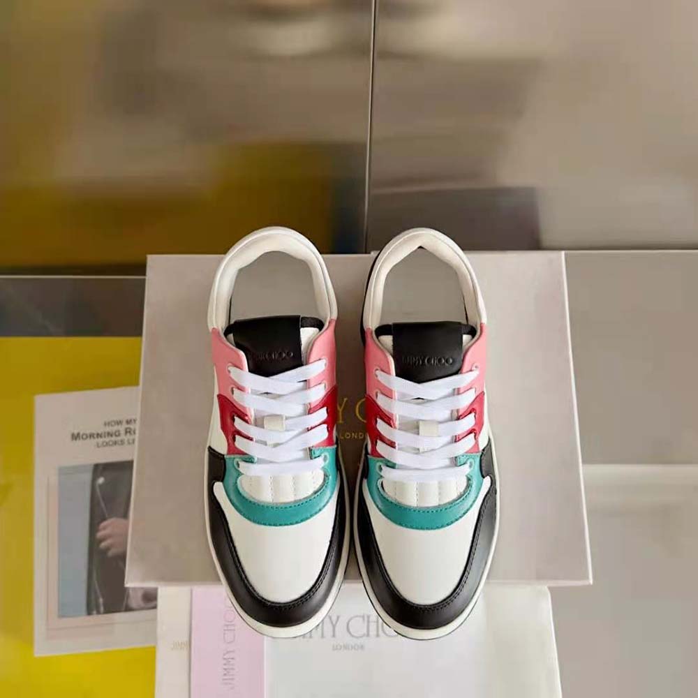 Close-up of pink leather and logo hardware on Jimmy Choo Women Florent/F Trainers
