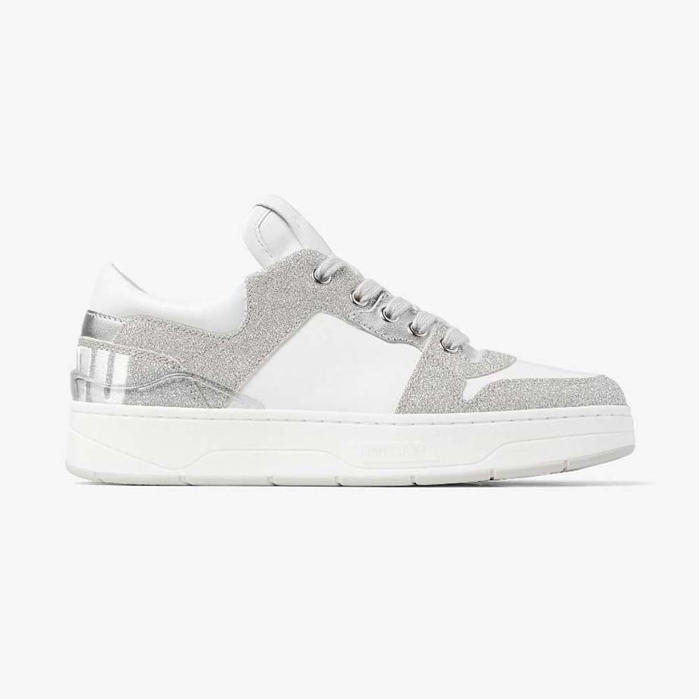 Front angle of Jimmy Choo Women Florent/F White Leather Trainers with Glitter