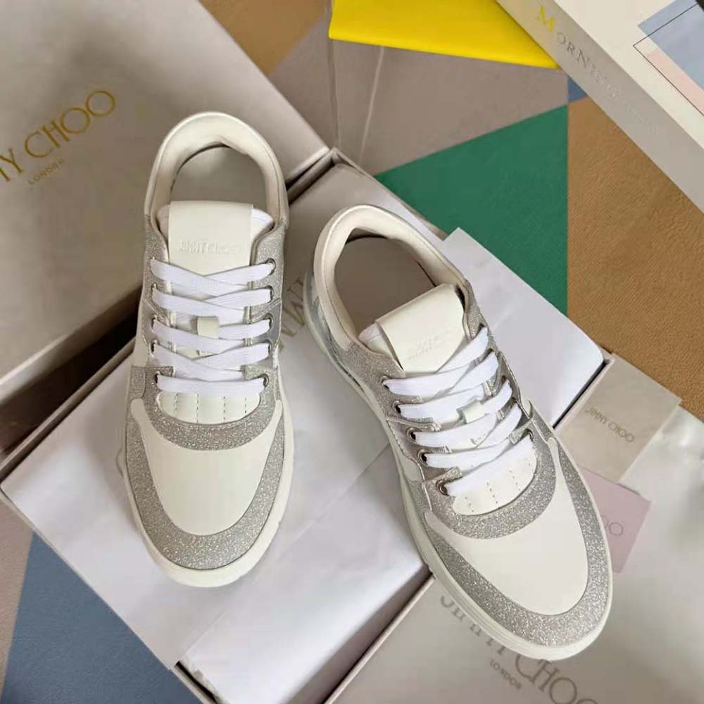 Side view of white leather and lace-up design Jimmy Choo Florent/F sneakers