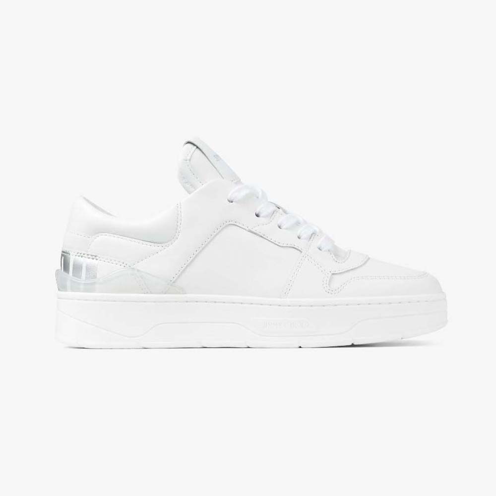 Side view of Jimmy Choo Women Florent/F White and Peacock Mix Leather Trainers