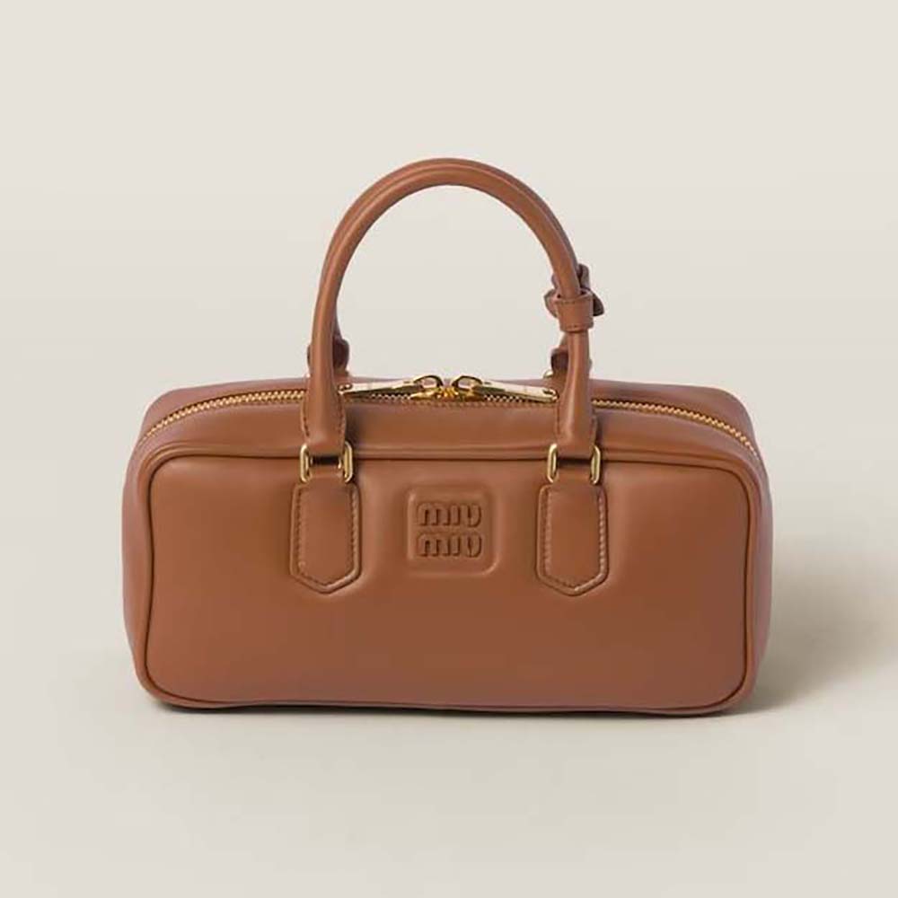 Front view of Miu Miu Women Arcadie Leather Bag-Brown showing flap closure