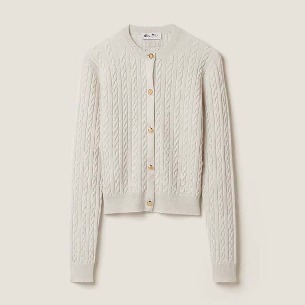 Front view of Miu Miu Women Cashmere Cardigan with Knit Logo Patch in white