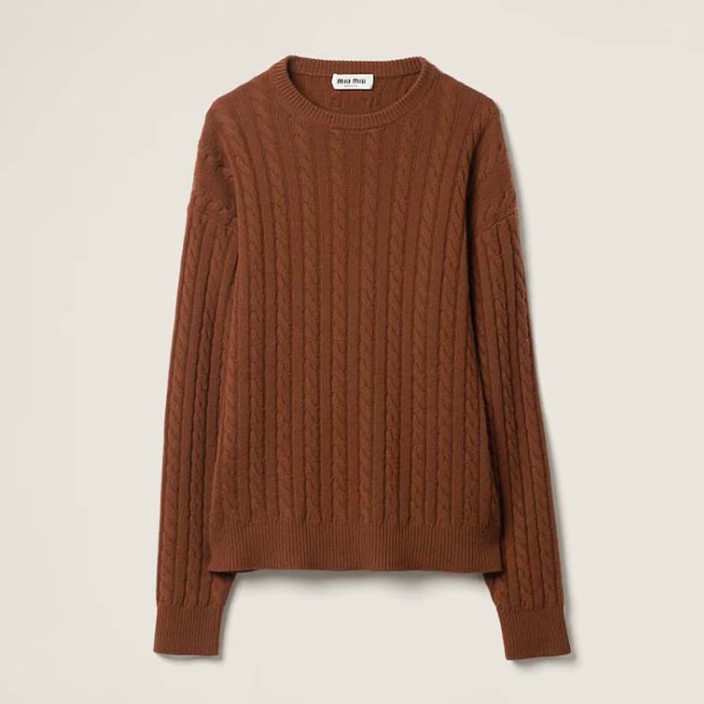 Front view of Miu Miu Women Cashmere Sweater with Knit Logo Patch-Brown