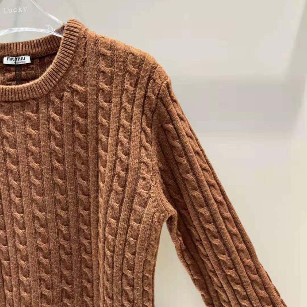 Miu Miu Women Cashmere Sweater with Knit Logo Patch-Brown - image 6