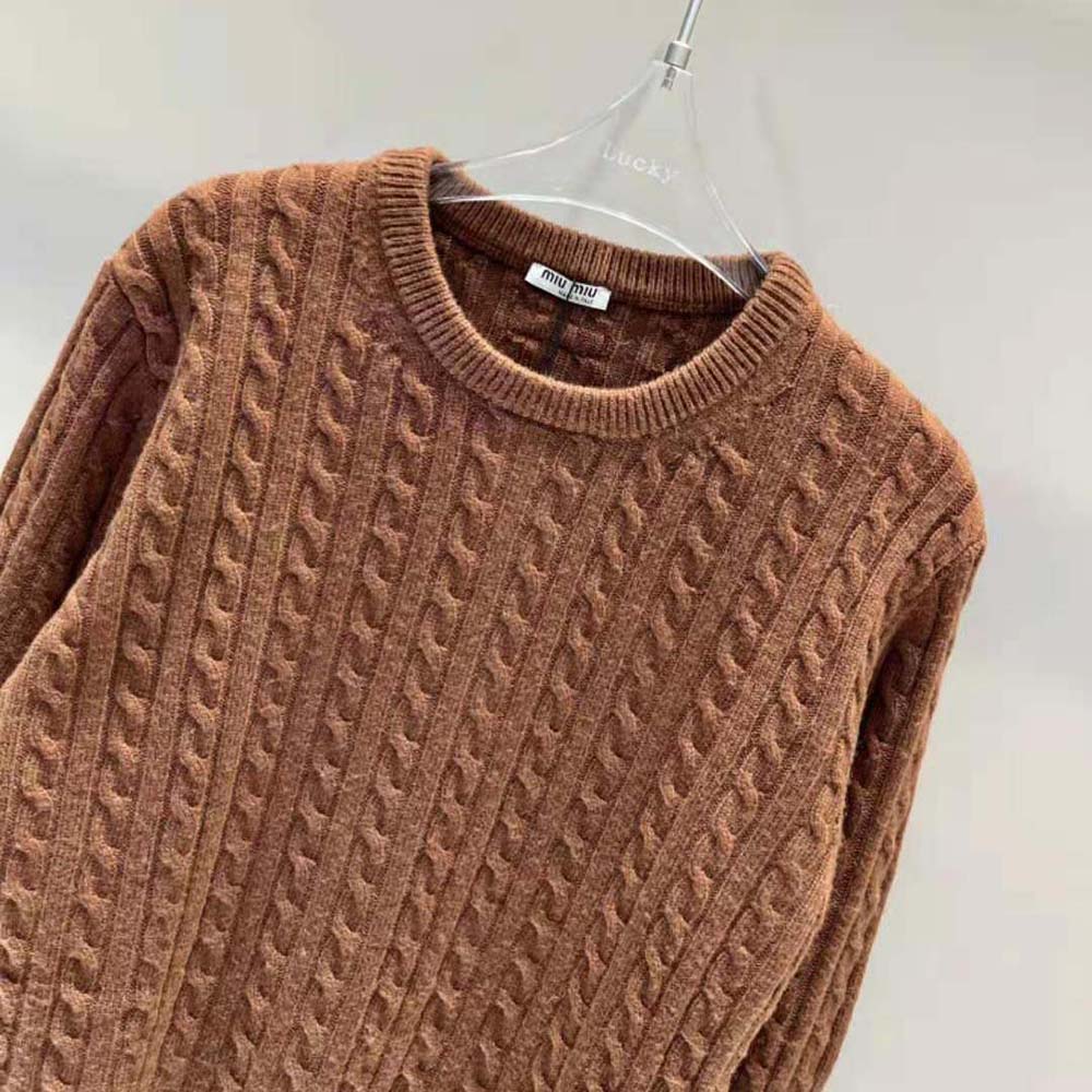 Miu Miu Women Cashmere Sweater with Knit Logo Patch-Brown - image 5