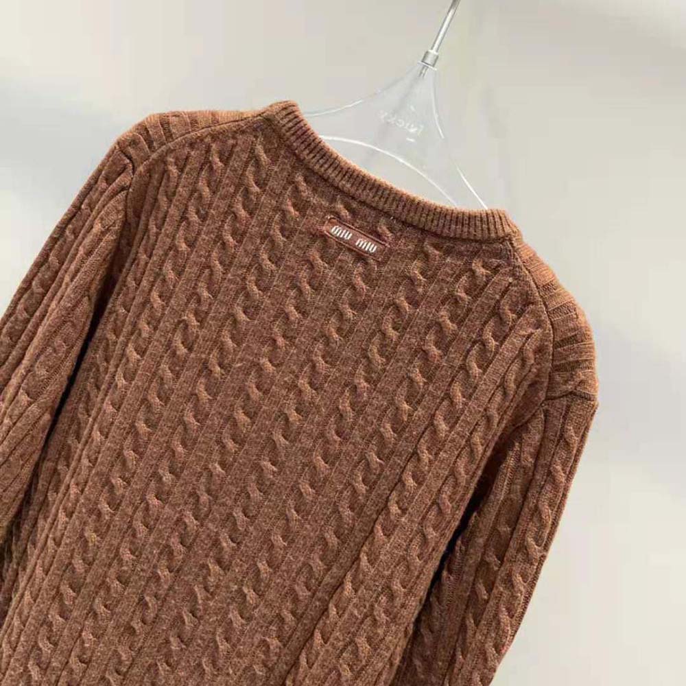 Miu Miu Women Cashmere Sweater with Knit Logo Patch-Brown - image 4
