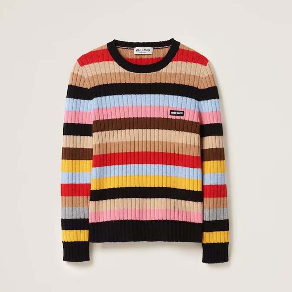 Front view of Miu Miu Women Cashmere Sweater with Logo Patch in black