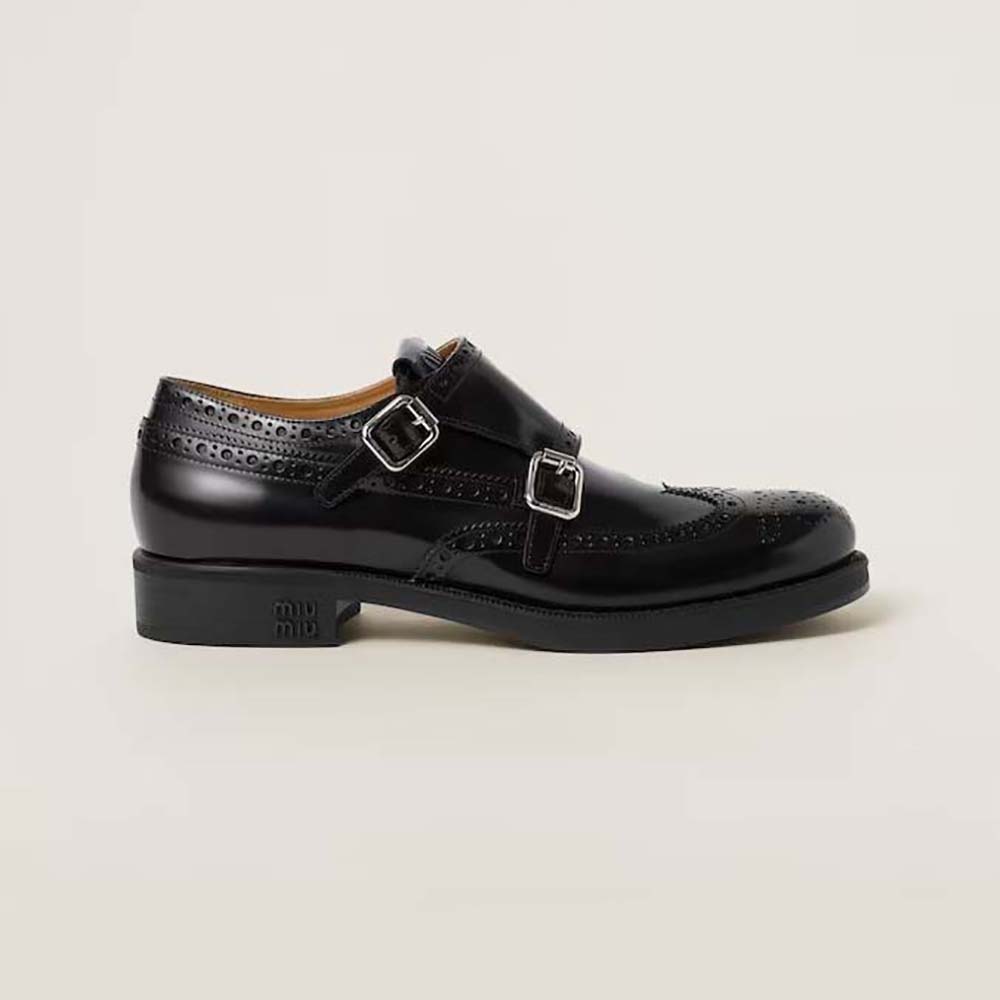 Side view of Miu Miu Women Church’s X Miu Miu Brushed Leather Double Monk Brogue Shoes