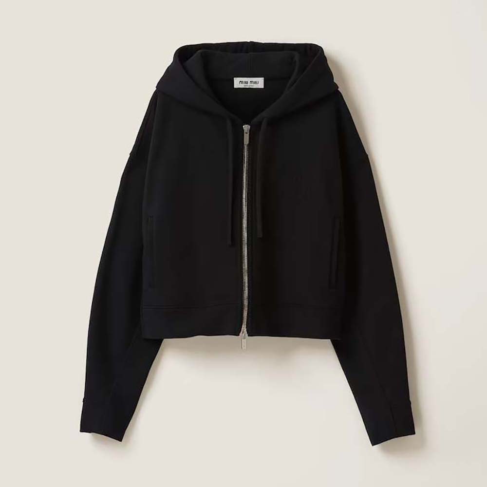 Front view of Miu Miu Women Cotton Hoodie with Embroidered Logo-Black