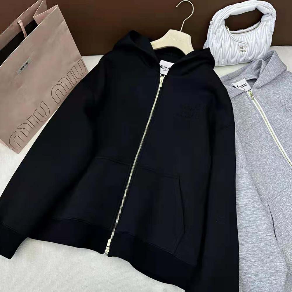 Miu Miu Women Cotton Hoodie with Embroidered Logo-Black - image 7