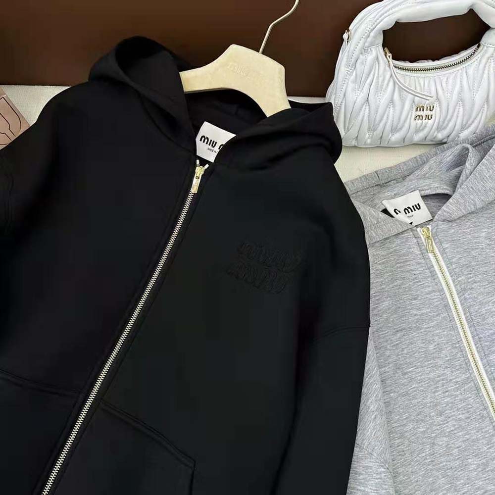 Miu Miu Women Cotton Hoodie with Embroidered Logo-Black - image 5