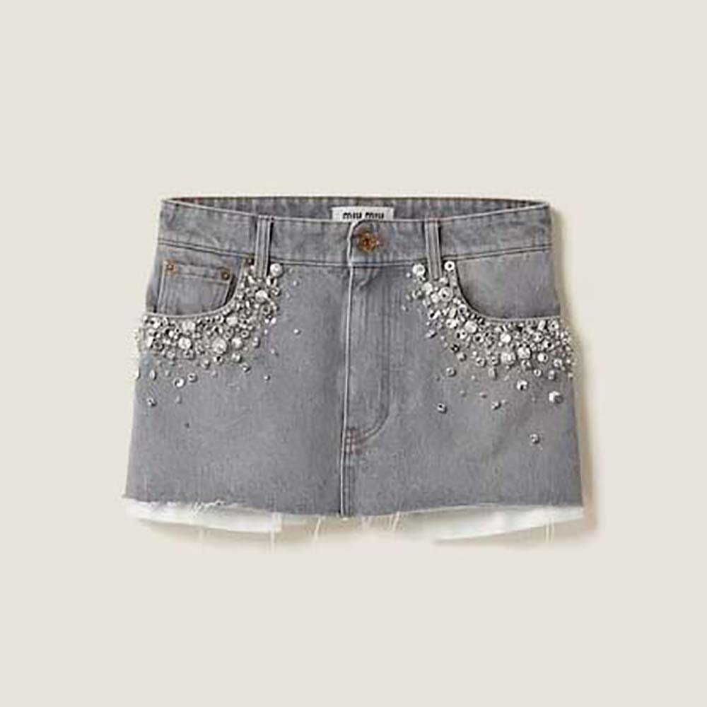 Front view of Miu Miu Women Denim Miniskirt Embroidered Logo in silver