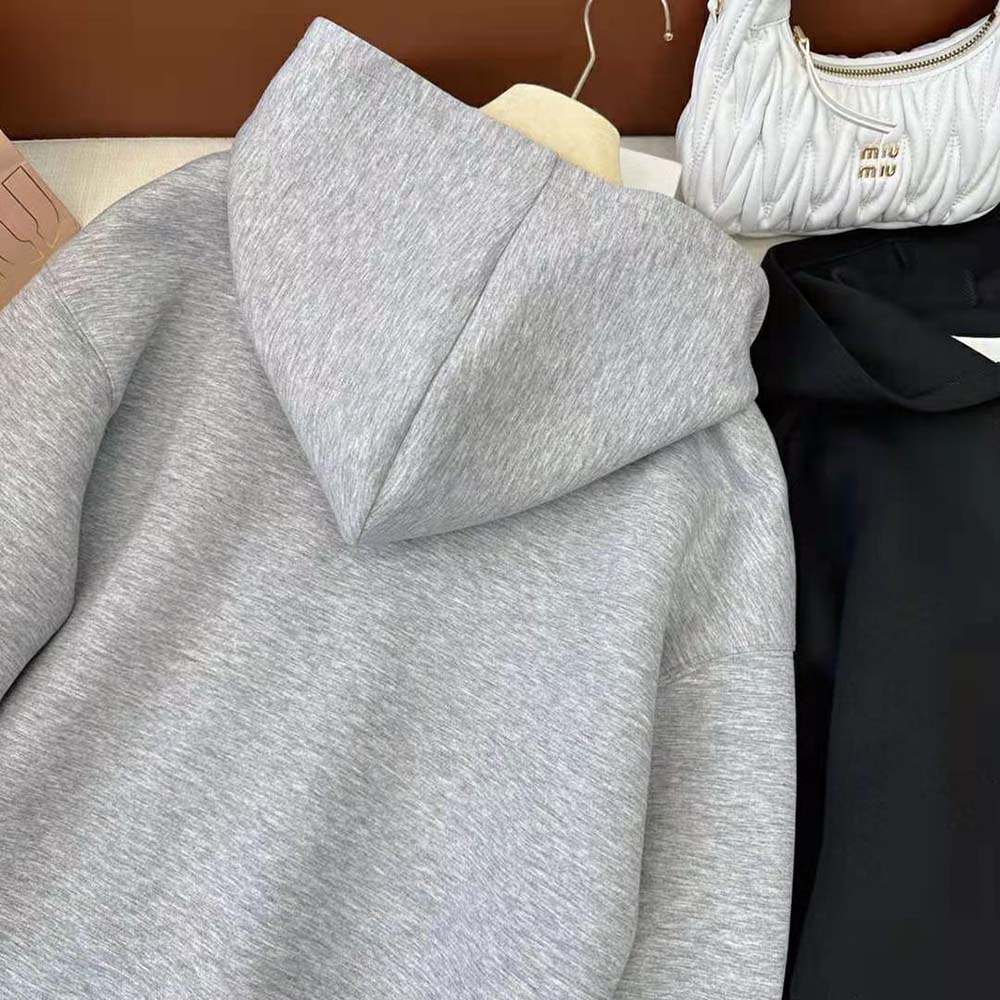 Miu Miu Women Embroidered Cotton Fleece Hoodie with Embroidered Logo-Silver - image 5