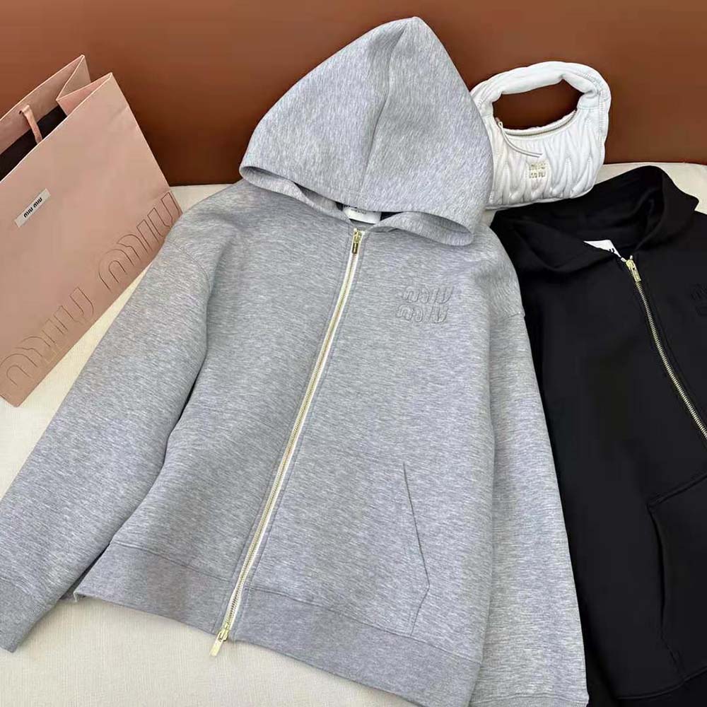Miu Miu Women Embroidered Cotton Fleece Hoodie with Embroidered Logo-Silver - image 4