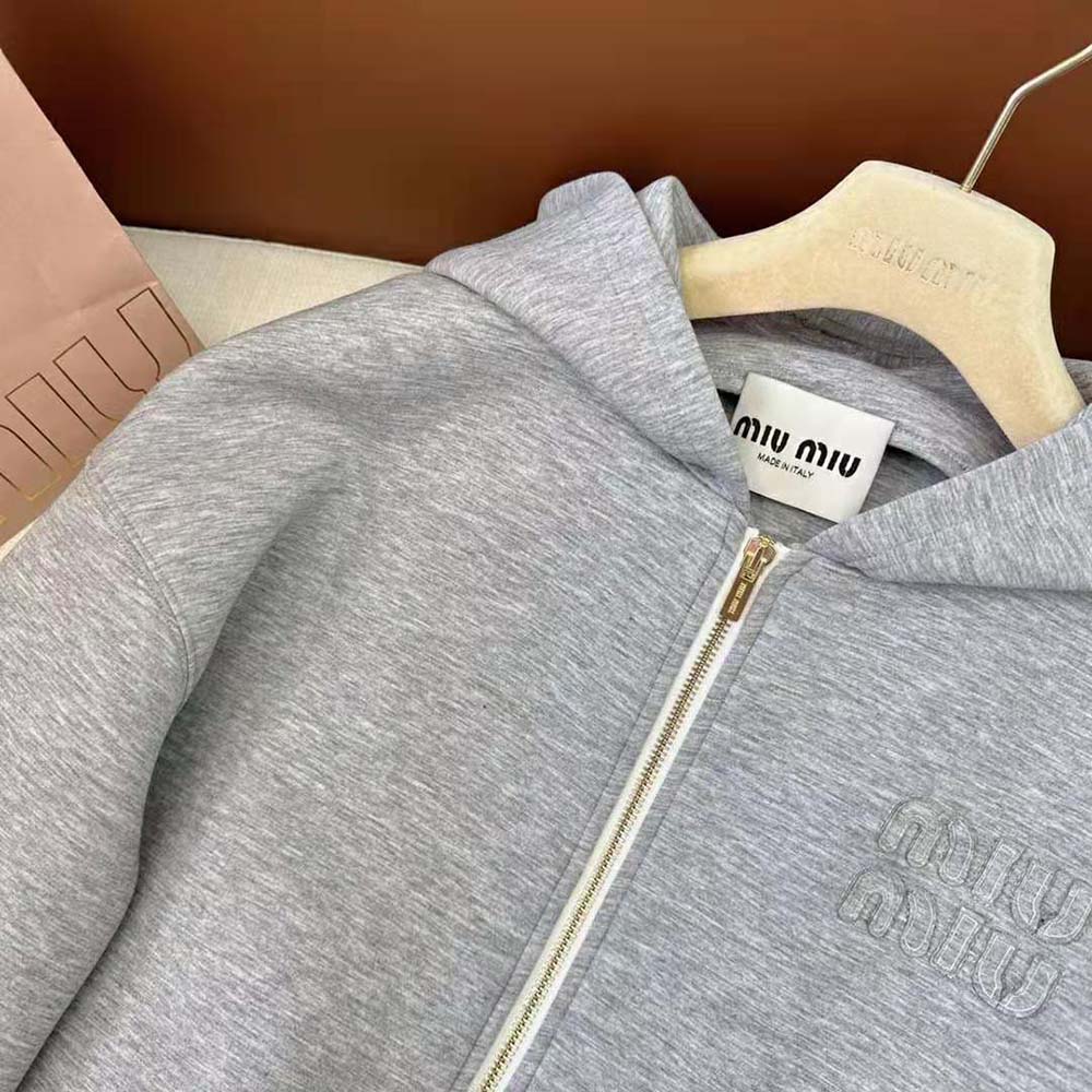 Miu Miu Women Embroidered Cotton Fleece Hoodie with Embroidered Logo-Silver - image 9