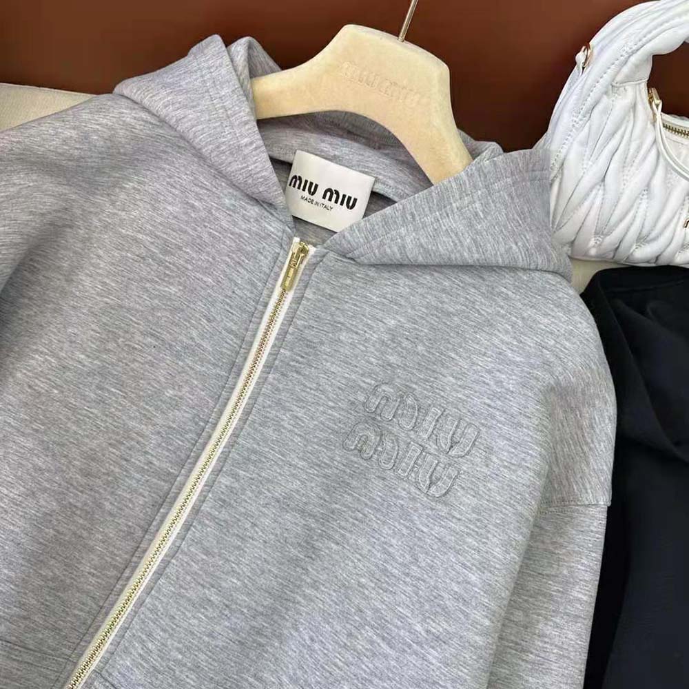 Miu Miu Women Embroidered Cotton Fleece Hoodie with Embroidered Logo-Silver - image 8