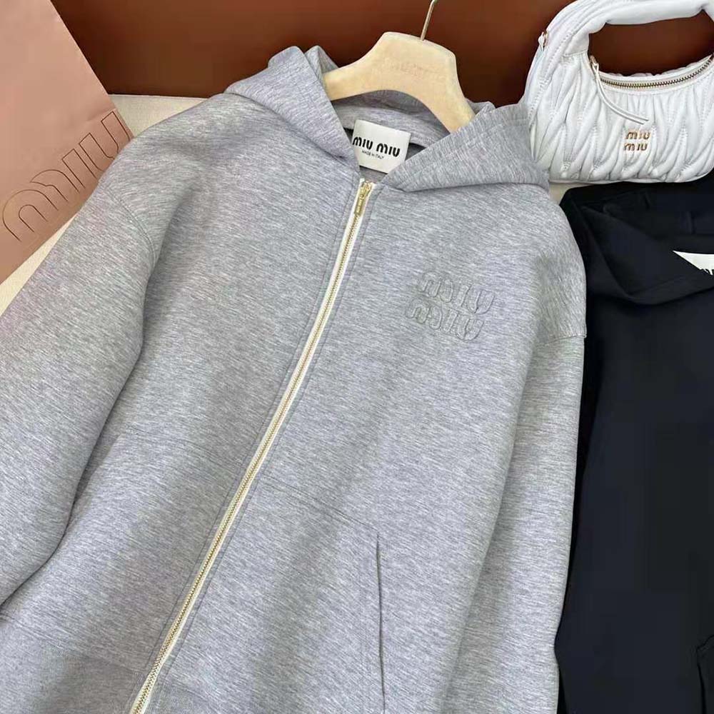Miu Miu Women Embroidered Cotton Fleece Hoodie with Embroidered Logo-Silver - image 7