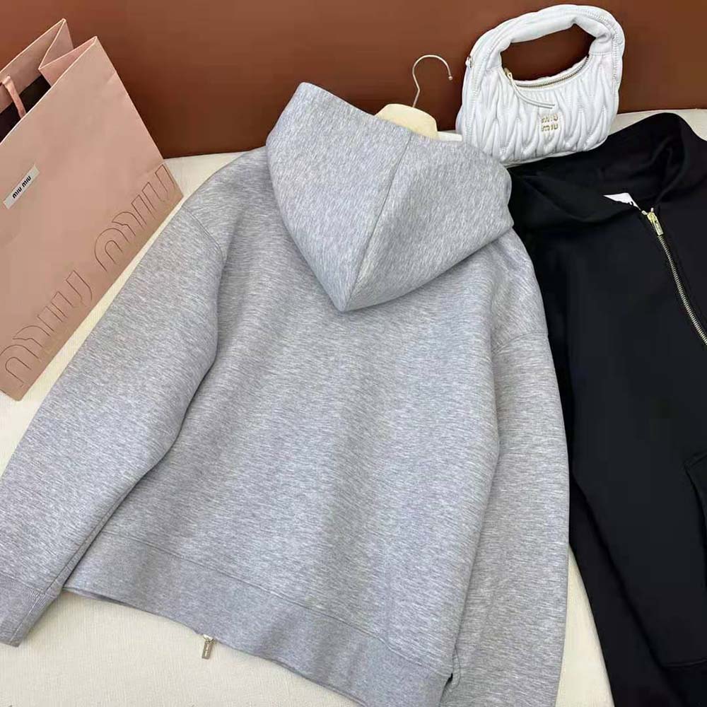 Miu Miu Women Embroidered Cotton Fleece Hoodie with Embroidered Logo-Silver - image 6