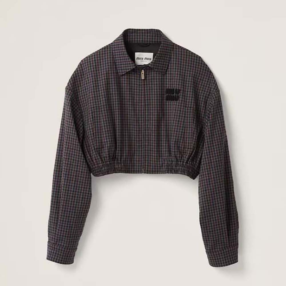 Front view of Miu Miu Women Gingham Check Blouson Jacket in black
