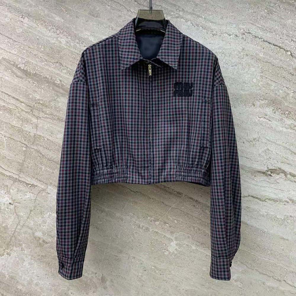 Close-up of zipper and elastic cuff on Miu Miu Women Gingham Check Blouson Jacket