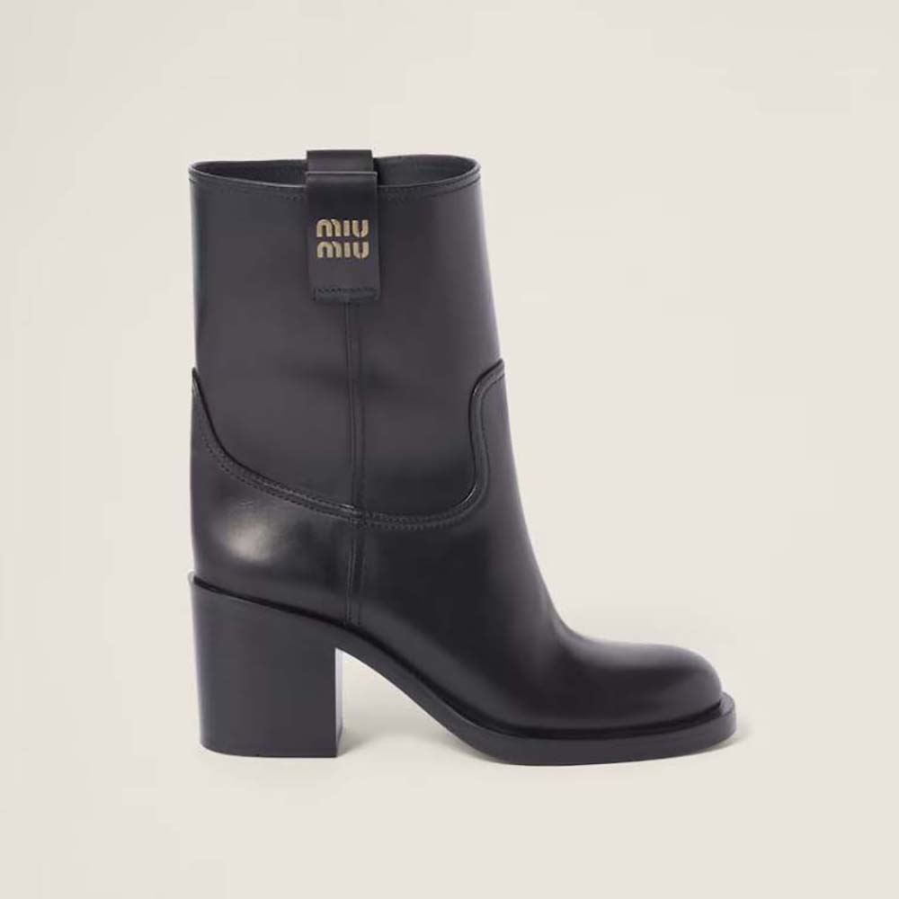 Side view of Miu Miu Women Leather Booties with Hot-stamped Logo-Black