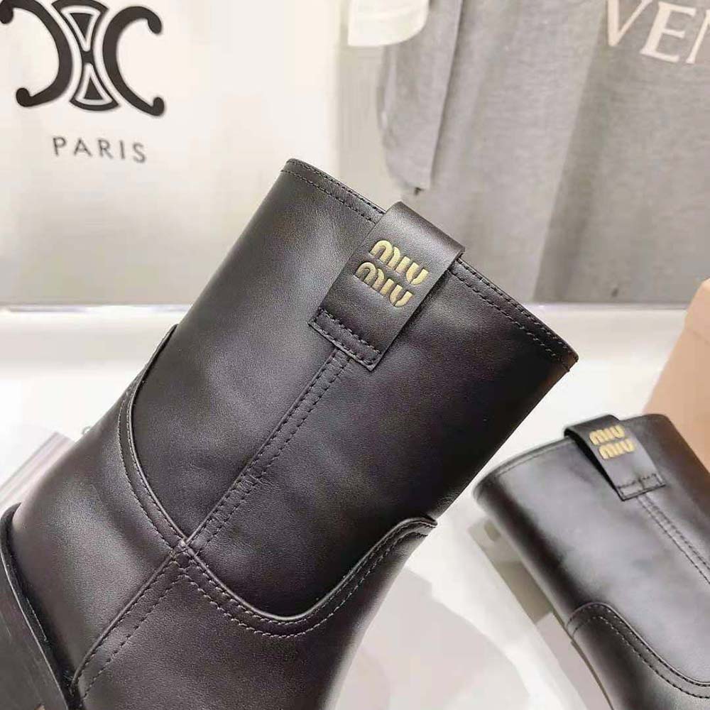 Miu Miu Women Leather Booties with Hot-stamped Logo-Black - image 9