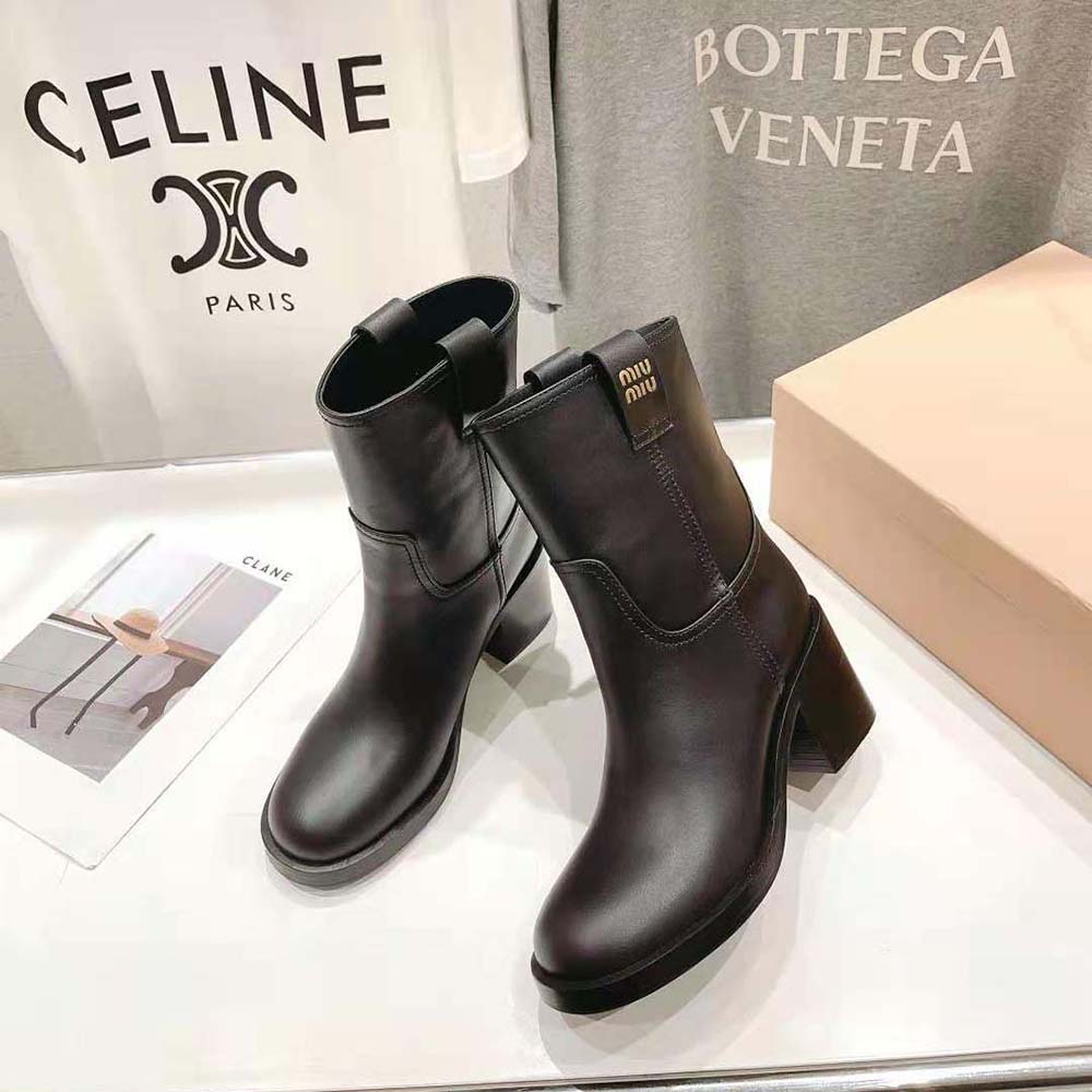 Miu Miu Women Leather Booties with Hot-stamped Logo-Black - image 4