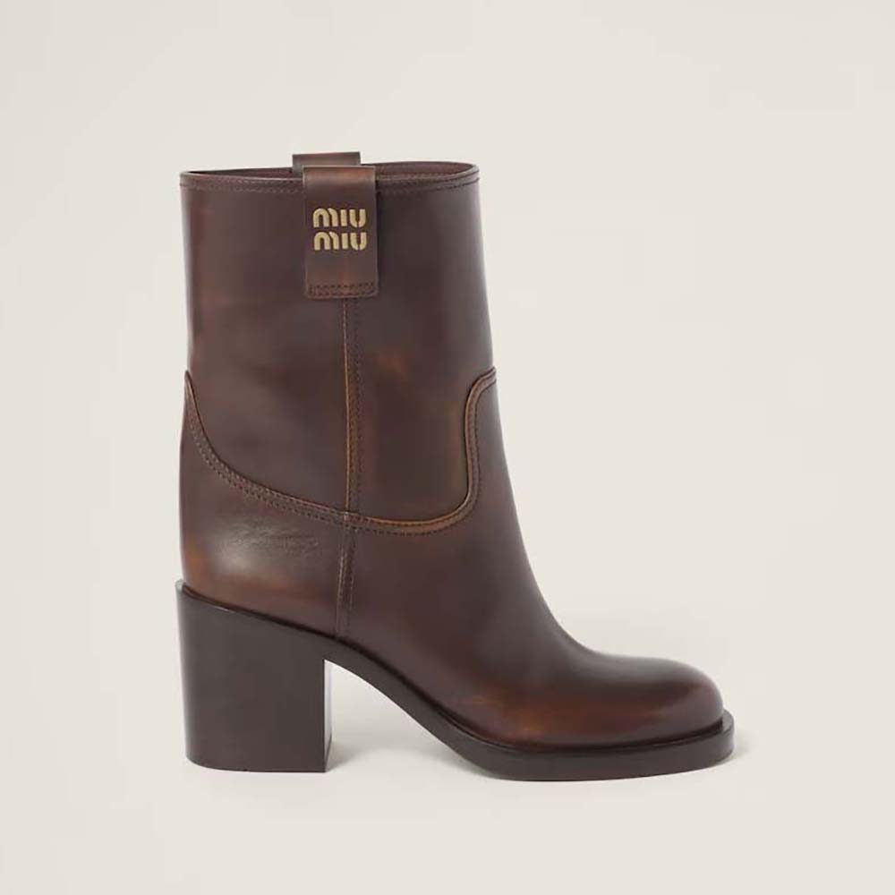 Side profile of Miu Miu Women Leather Booties with Hot-stamped Logo-Maroon