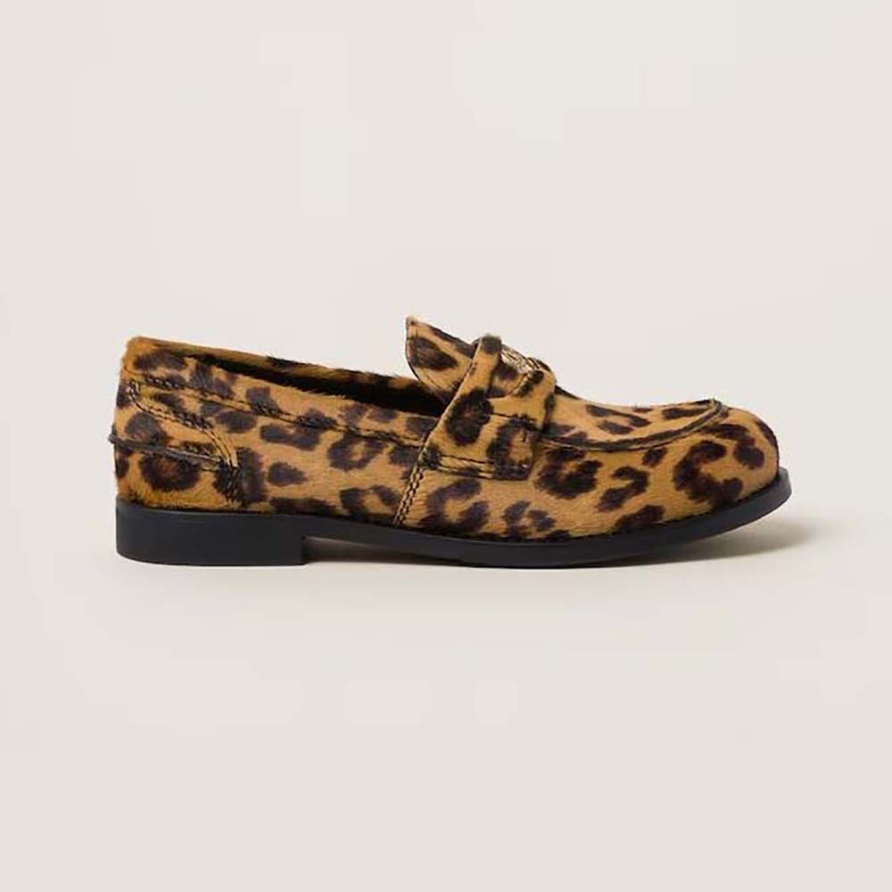Side view of Miu Miu Women Leopard-print Calf Hair-effect Loafers